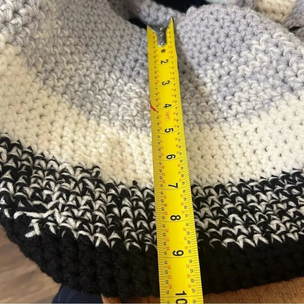 Large Homemade Hand Knit Soft Tote Basket Toy Storage Black Cream Gray Crochet